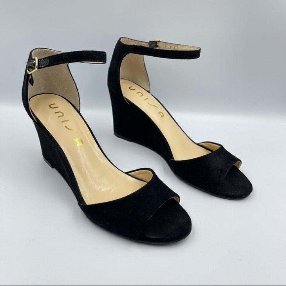 Unisa Black Suede Ankle Strap Wedge Sandals | Open Toe Dress Heel Size 7.5
